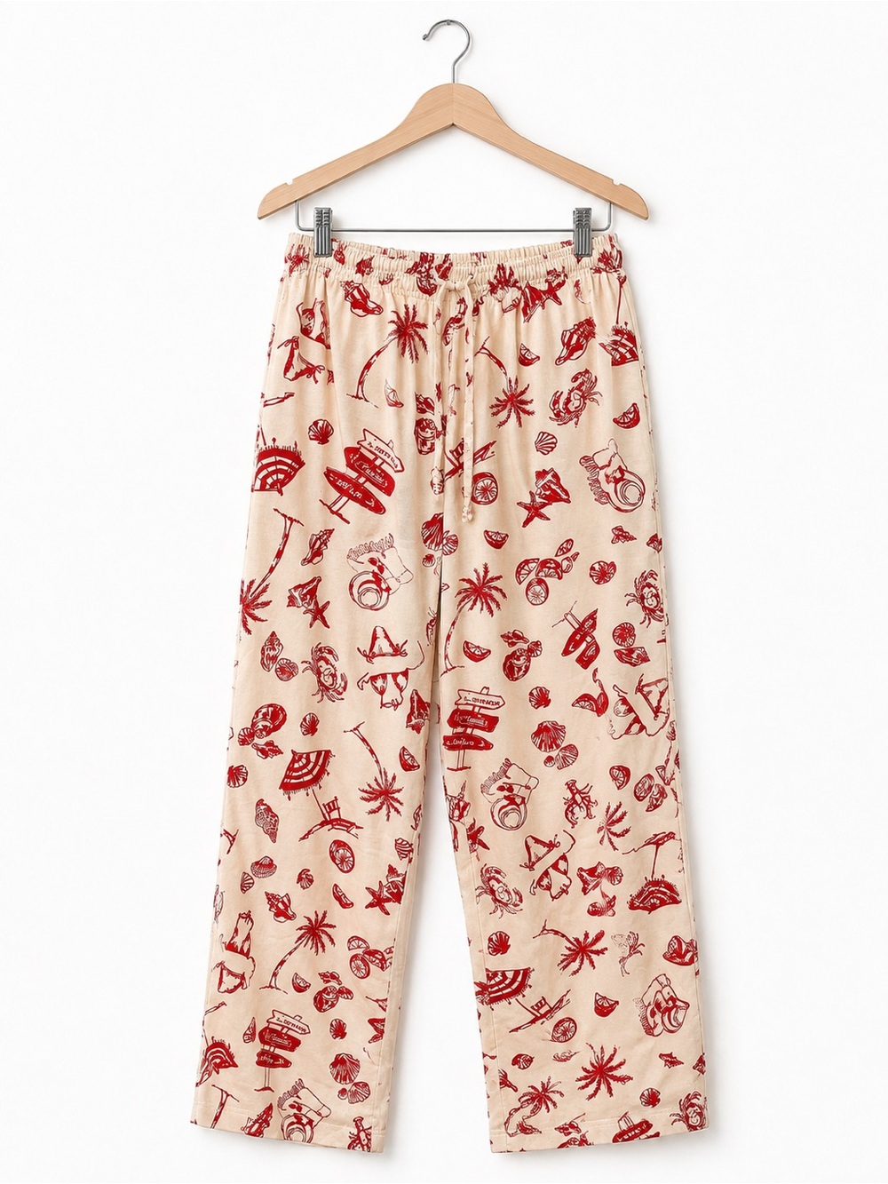 Beige Lounge Pants with Red Tropical Print